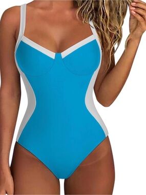 Blue and White Colorblock One-Piece Swimsuit Size medium